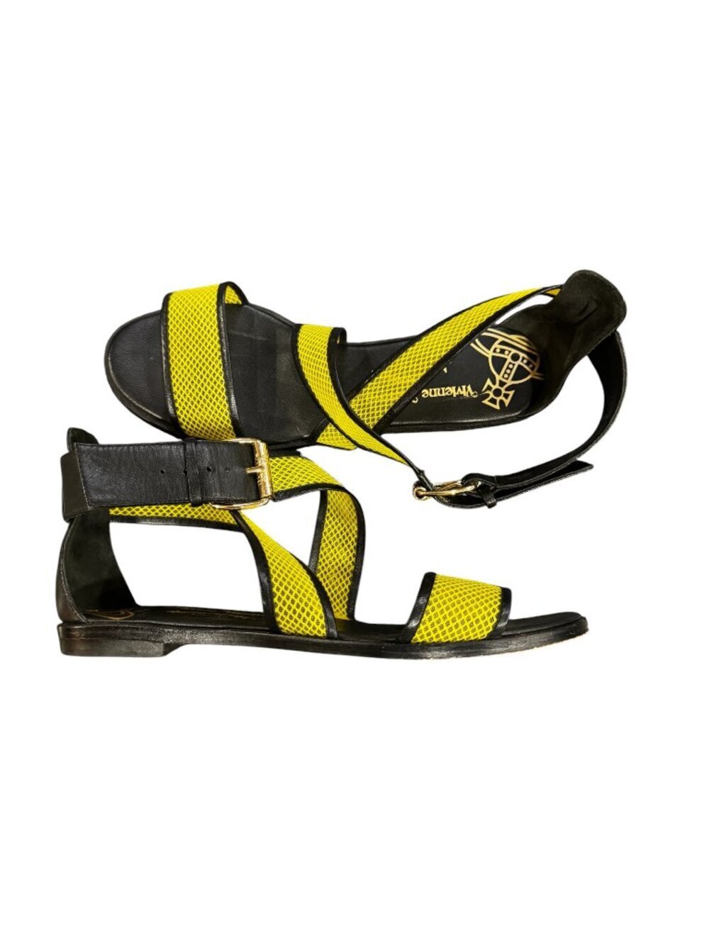 Vivienne Westwood Y2K Mesh Wrap Sandals Black Yellow Fishnet Size US 8